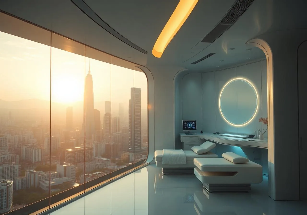 Contemporary longevity clinic with a skyline view at sunset