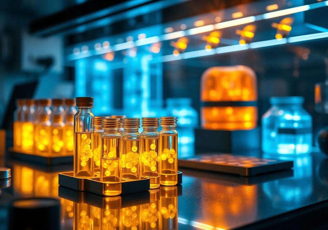 Research vials illuminated in a regenerative medicine laboratory