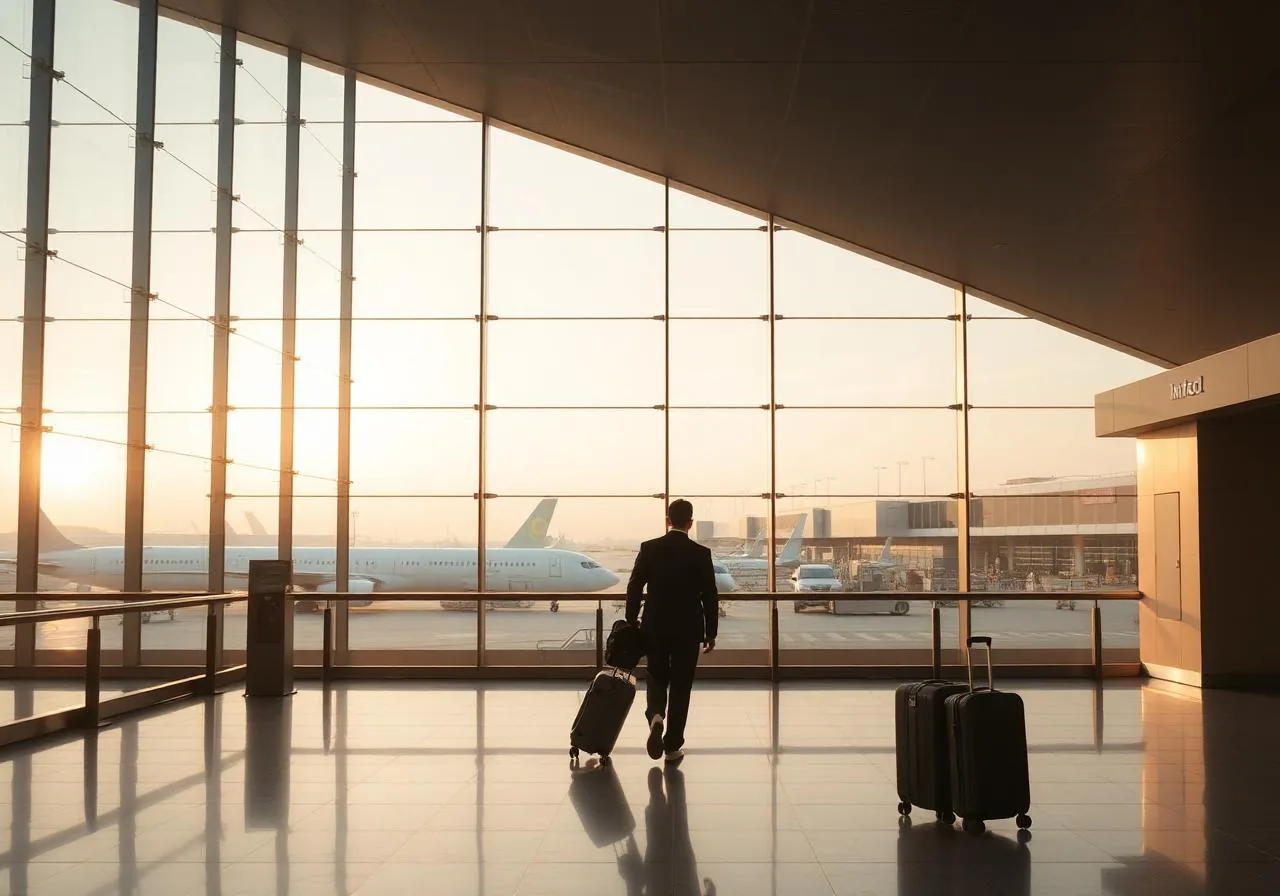 Traveler walking through an airport terminal at sunrise